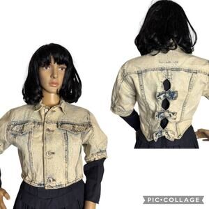 Vintage Dakota blue acid denim crop jacket cut out back bows short sleeve size S